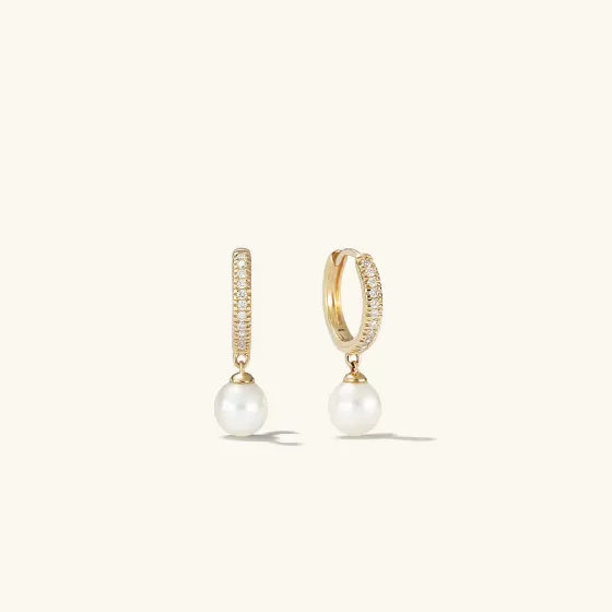 Cheap Pav Diamond Pearl Huggies Earrings