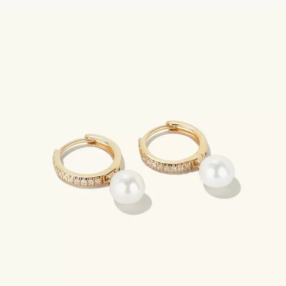 Cheap Pav Diamond Pearl Huggies Earrings